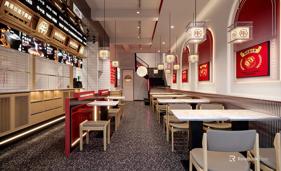 Modern Restaurant Interior Design With Wooden Tables Hanging Lamps And Red Wall Decor 3d model 