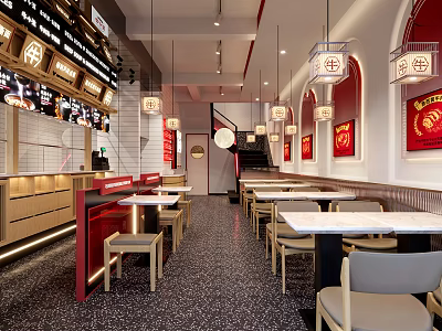 Modern Restaurant Interior Design With Wooden Tables Hanging Lamps And Red Wall Decor 3d model