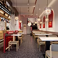 Modern Restaurant Interior Design With Wooden Tables Hanging Lamps And Red Wall Decor