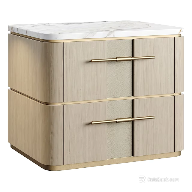 Stylish Modern Wooden Nightstand With Marble Top And Gold Metal Handles 3d model 