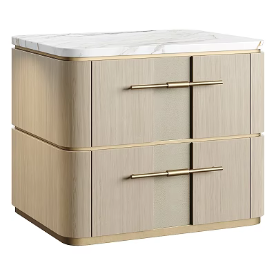 Stylish Modern Wooden Nightstand With Marble Top And Gold Metal Handles 3d model