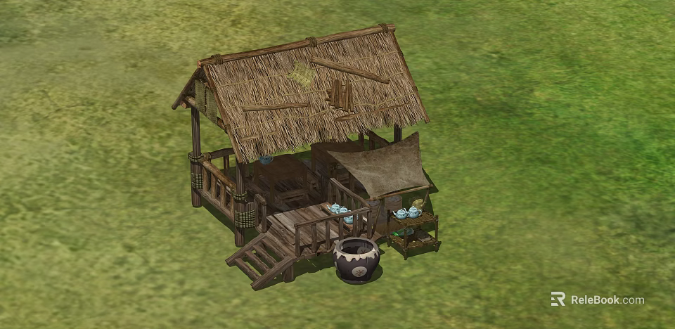Rustic Wooden Hut with Thatched Roof Veranda Steps and Clay Pot 3d model 