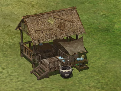 Rustic Wooden Hut with Thatched Roof Veranda Steps and Clay Pot 3d model