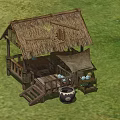 Rustic Wooden Hut with Thatched Roof Veranda Steps and Clay Pot