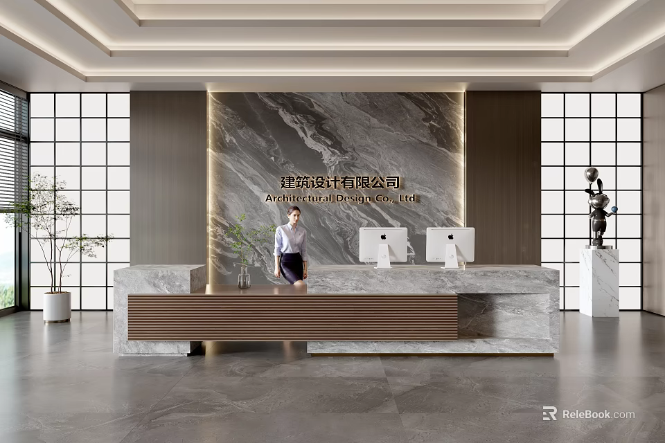 Modern Front Desk Reception Area With Female Receptionist Marble Countertop Green Plants And Computers 3d model 