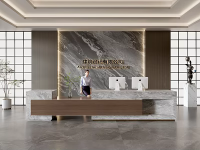 Modern Front Desk Reception Area With Female Receptionist Marble Countertop Green Plants And Computers 3d model