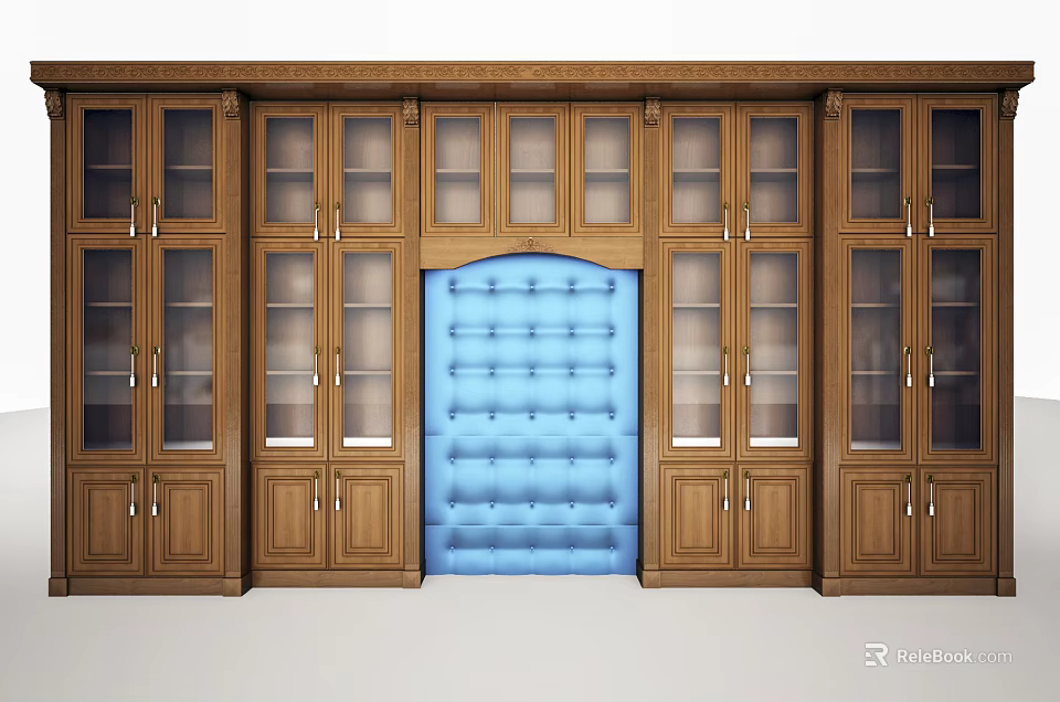 Classic Wooden Bookcases With Glass Doors And Central Blue Tufted Panel 3d model 