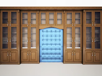 Classic Wooden Bookcases With Glass Doors And Central Blue Tufted Panel 3d model