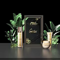Elegant Floral Display With Lush Green Plants Skincare Bottles And Decorative Frame