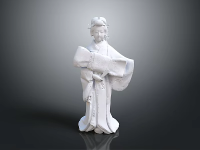 White Traditional Woman Statue In Elegant Attire Holding Decorative Fan And Ornate Hairpiece 3d model
