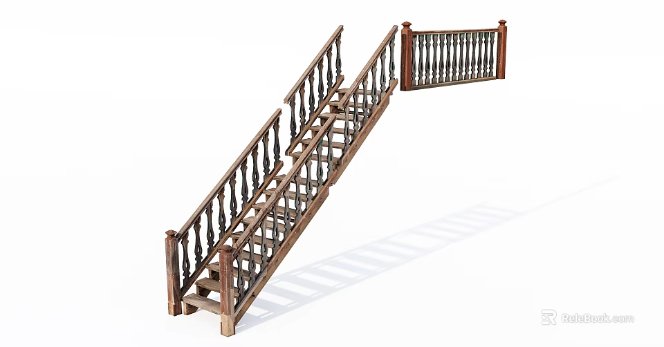 Natural Wood Staircase Featuring Classic Handrail And Intricate Baluster Details 3d model 