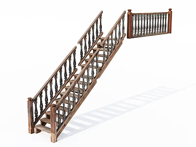 Natural Wood Staircase Featuring Classic Handrail And Intricate Baluster Details 3d model