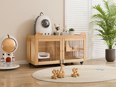 Other Items Wooden Pet Cage Astronaut Doll Little Monkey Toys On Rug Shutter Green Plant 3d model
