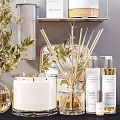Perfume And Cosmetics Display With Glass Bottles Green Plant And Luxury Shelf