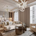 Elegant Modern Bedroom Interior With Gold Chandelier Upholstered Headboard Nightstands Sofa And Curtains