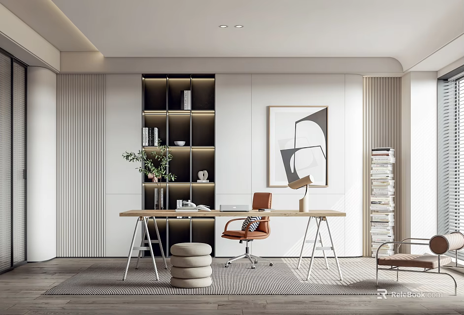 Modern Study Room Interior With Wooden Desk Office Chair Bookshelf And Wall Artwork 3d model 