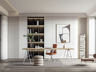 Study desk and chair combination bookshelf decorative painting 3d model
