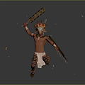 Game Film Character With Feathered Headdress Tattoos And Large Machete Running With Flying Debris