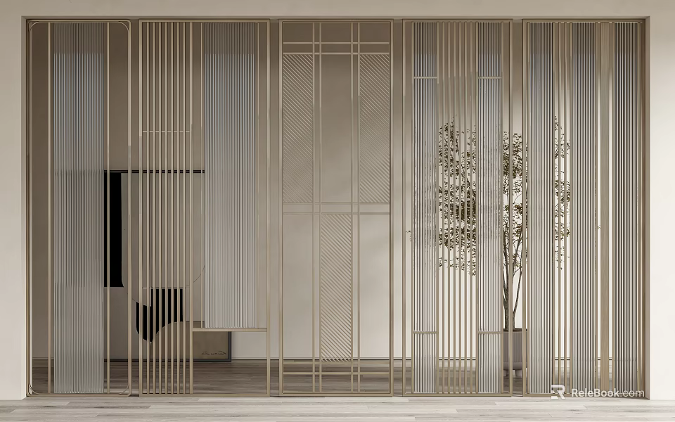 Modern Metal Frame Room Divider In Living Space With Decorative Tree And Sofa 3d model 
