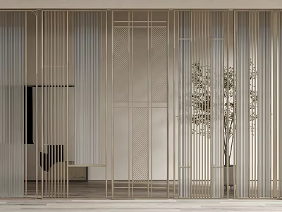 Modern Metal Frame Room Divider In Living Space With Decorative Tree And Sofa 3d model