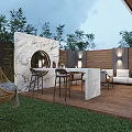 Garden Landscape Featuring Outdoor Seating Marble Wall Wooden Flooring And Green Plants