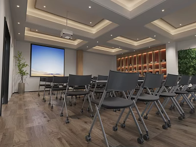 Modern Conference Room Interior With Projector Screen Chairs Wooden Floor Shelves Green Plant And Lights 3d model