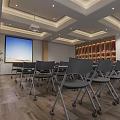 Modern Conference Room Interior With Projector Screen Chairs Wooden Floor Shelves Green Plant And Lights