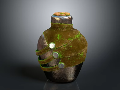 Vintage Handcrafted Household Bottle Featuring Green Mossy Cover Metal Strips And Round Metal Pieces 3d model