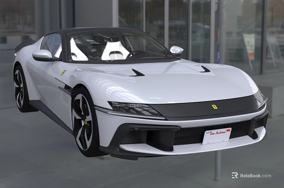 White Ferrari Sports Car In Showroom With Sleek Design And Aerodynamic Features 3d model 