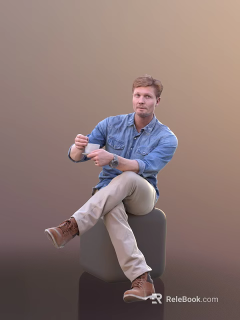 A Man Sitting Holding White Cup Wearing Blue Denim Shirt Beige Pants And Brown Shoes 3d model 