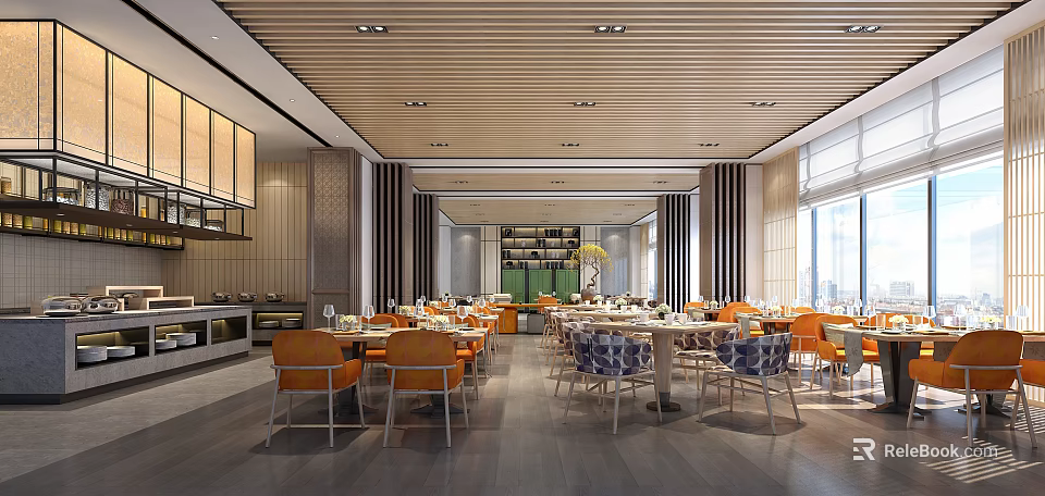Modern Restaurant Interior Design With Wooden Ceiling Orange Blue Chairs And Tables 3d model 