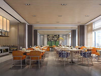 Modern Restaurant Interior Design With Wooden Ceiling Orange Blue Chairs And Tables 3d model