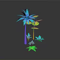 Colorful Tropical Palm Trees With Small Green Plants On Dark Background Reflection