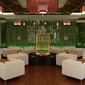 Chinese Style Restaurant Interior With Wooden Ceiling Red Pendant Lights And Beige Sofas