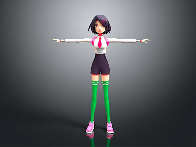 3D Game Movie Character With Purple Short Hair White Top And Green Socks 3d model