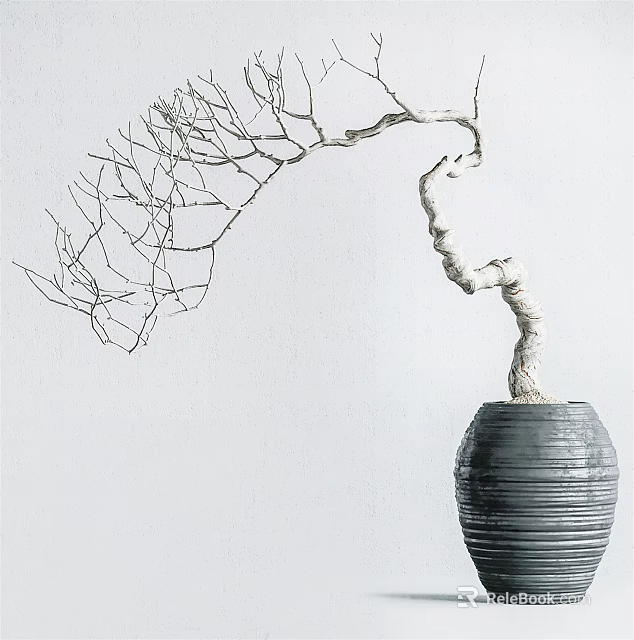 Minimalist Bonsai Plant With Curved Trunk Slender Leafless Branches In Dark Textured Pot 3d model 