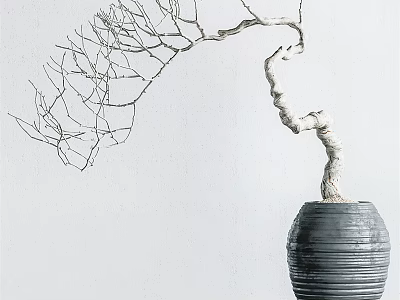 Minimalist Bonsai Plant With Curved Trunk Slender Leafless Branches In Dark Textured Pot 3d model