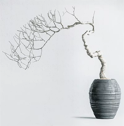 Minimalist Bonsai Plant With Curved Trunk Slender Leafless Branches In Dark Textured Pot 3d model
