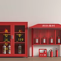 Red Fire Equipment Storage Cabinets With Mini Fire Station Fire Extinguishers And Fire Bucket
