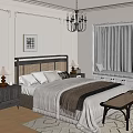 Cozy Traditional Bedroom Interior With Woven Headboard Chandelier And Window Curtains