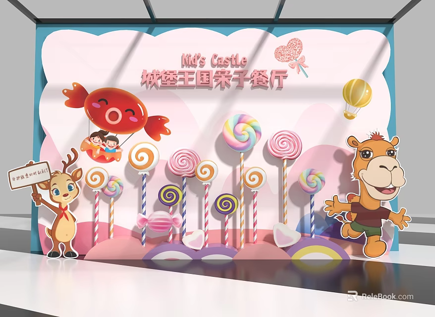Candy Kingdom Family Restaurant Interior With Cartoon Characters And Lollipop Decorations 3d model 