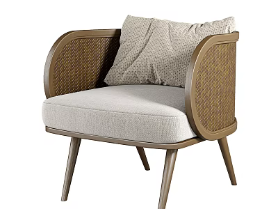 Modern Minimalist Single Sofa With Wooden Frame Rattan Armrests And Light Beige Cushions 3d model