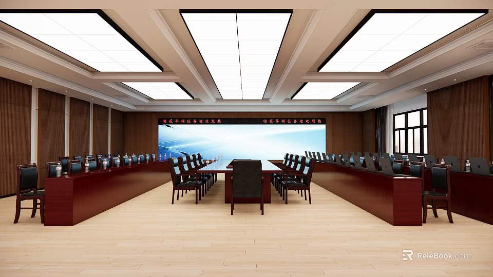 Spacious Conference Room Interior With Long Table Chairs Large Screen And Ceiling Lights 3d model 