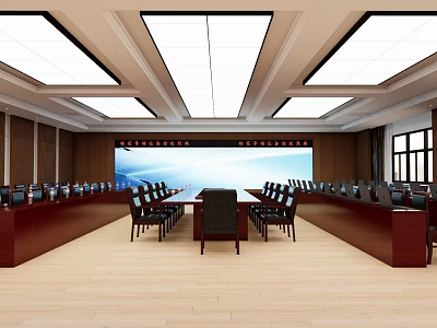 Spacious Conference Room Interior With Long Table Chairs Large Screen And Ceiling Lights 3d model