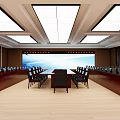 Spacious Conference Room Interior With Long Table Chairs Large Screen And Ceiling Lights
