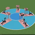 Circular Blue Playground Equipment Area With Pink Pavilions And Children Playing On Green Lawn