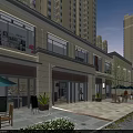 Bustling Commercial Street with Brand Shops Pedestrians Green Umbrellas and Tall Buildings