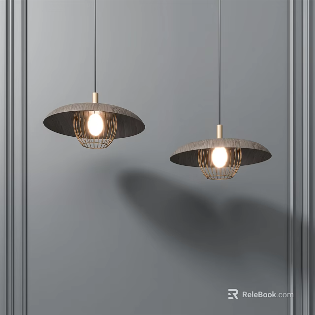 Modern Minimalist Pendant Lights With Wooden Shade And Metal Wire Frame Against Gray Wall 3d model 