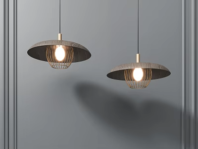Modern Minimalist Pendant Lights With Wooden Shade And Metal Wire Frame Against Gray Wall 3d model
