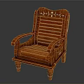 Warm Toned Wooden Chair With Carved Floral Details Armrests And Striped Backrest